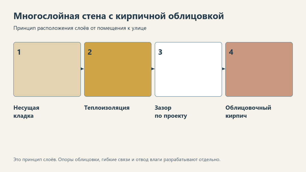 Принцип стены с теплоизоляцией и кирпичной облицовкой