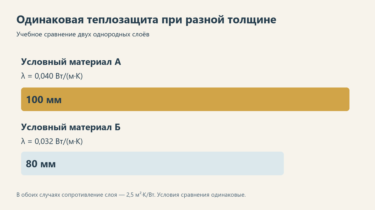 Сравнение слоёв 100 и 80 мм с равной теплозащитой
