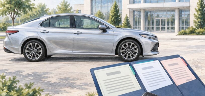 Автомобиль у центра оформления и папка с документами