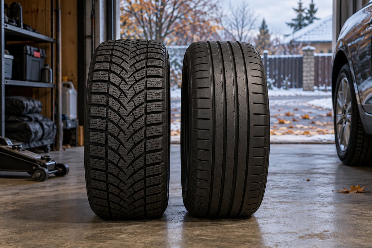 Зимняя и летняя шины в гараже