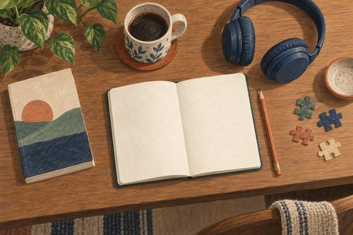 Книга блокнот наушники и детали пазла на столе