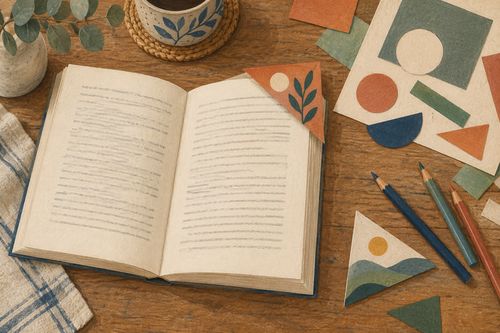 Бумажная книга простой коллаж и карандаши без электронных устройств