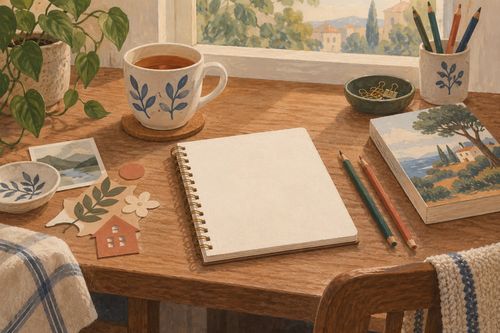 Блокнот книга чай и небольшие бумажные вырезки на столе