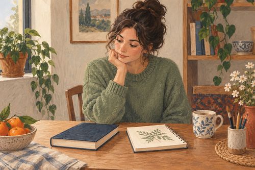 Человек выбирает между книгой и рисованием за небольшим столом