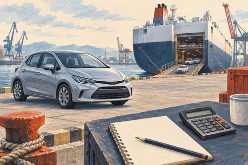 Автомобиль у причала и предметы для расчёта бюджета