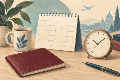 Календарь и часы рядом с условной паспортной книжкой