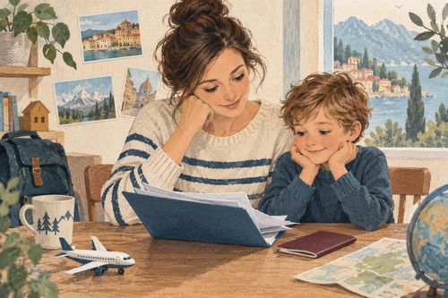 Родитель и ребенок готовят документы за столом