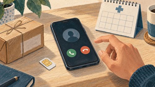Телефон рядом с посылкой, SIM-картой и календарём записи к врачу