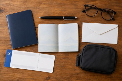 Дорожная папка, закрытые книжки документов, ручка и очки