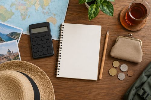 Калькулятор, блокнот, кошелёк и карандаш на столе