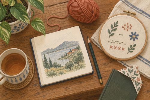 Материалы для рисования вышивки вязания и оригами на столе
