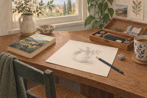 Незавершённый маленький рисунок и аккуратно убранные материалы рядом с книгой