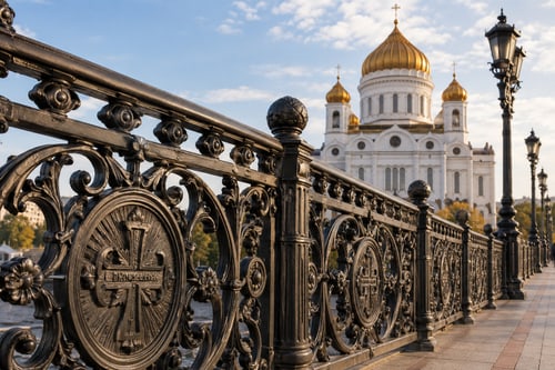 Ограда Патриаршего моста на фоне храма