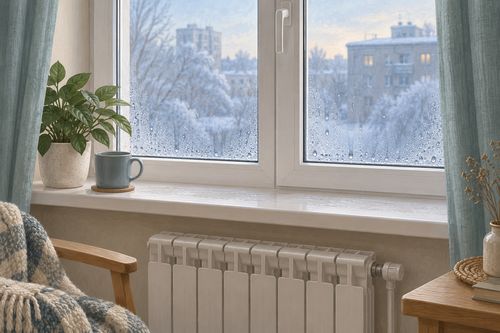 Капли на комнатной поверхности окна над радиатором