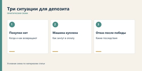 Условия депозита проверяют для трёх ситуаций: покупки нет, покупка состоялась, клиент отказался после победы