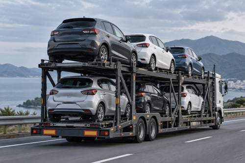 Автовоз с компактными автомобилями на условном маршруте