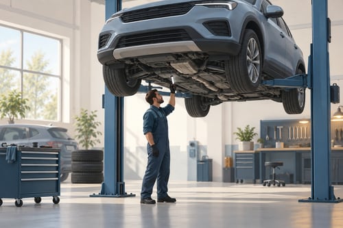 Специалист осматривает условный автомобиль на подъёмнике