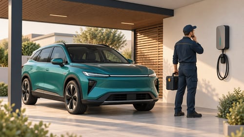Условная домашняя зарядная точка возле автомобиля