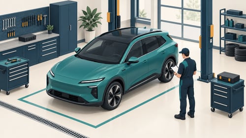 Условная мастерская с автомобилем и специалистом