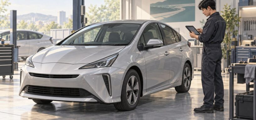 Иллюстрация специалиста с диагностическим планшетом у автомобиля