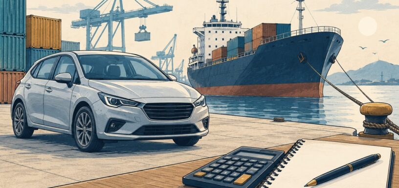 Условный автомобиль у порта рядом с калькулятором