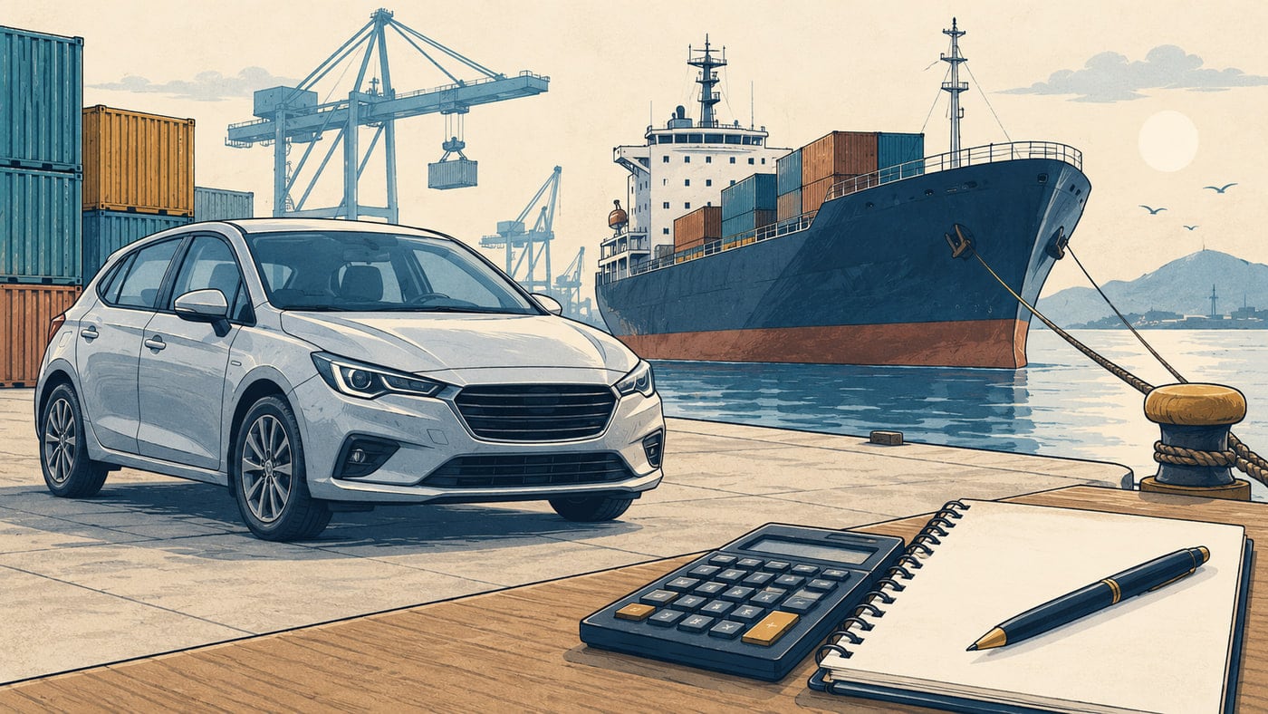 Условный автомобиль у порта рядом с калькулятором