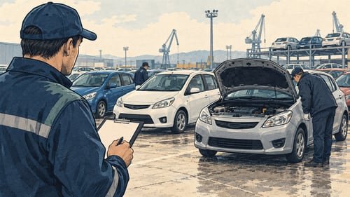 Осмотр условного автомобиля на площадке перед покупкой