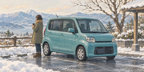 Компактный автомобиль у очищенной зимней парковки