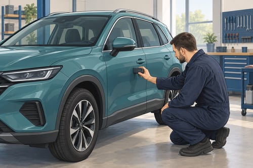 Рисованная иллюстрация осмотра кузова автомобиля измерительным прибором