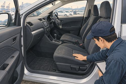 Салон праворульного автомобиля с тканевыми сиденьями