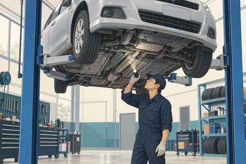 Осмотр днища автомобиля на подъёмнике