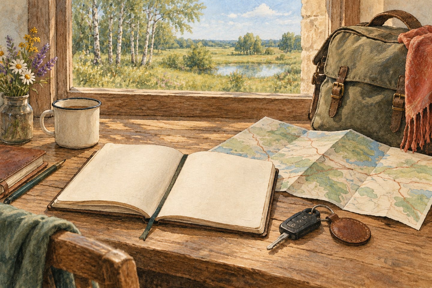 Планирование поездки с картой и дорожной сумкой