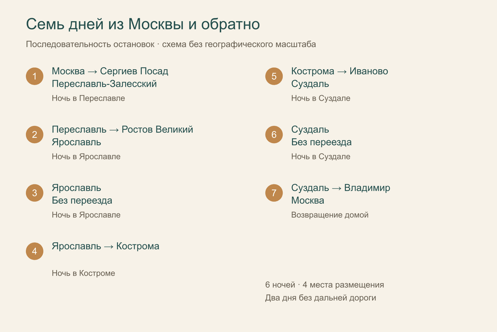 Последовательность городов в недельном маршруте из Москвы
