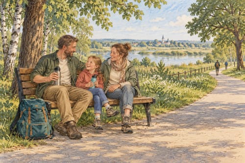 Родители и ребёнок отдыхают на скамейке во время прогулки